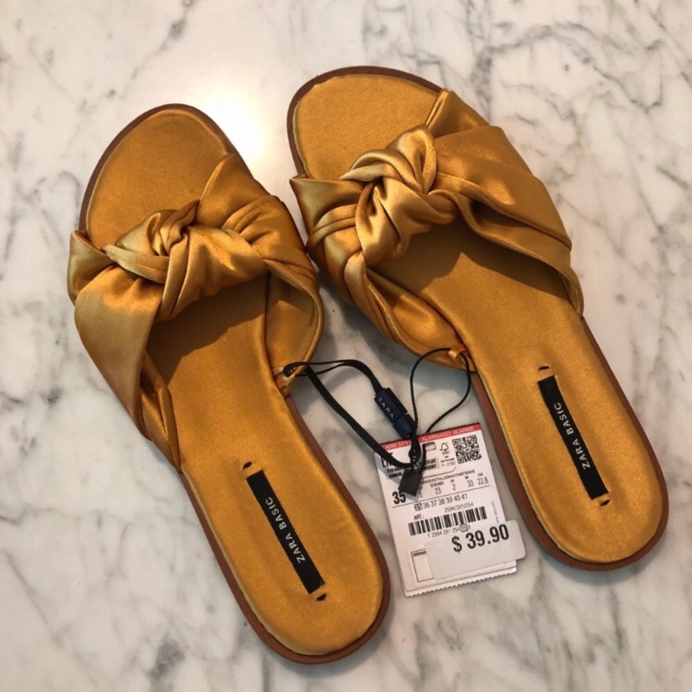 NWT - Zara Gold Satin Knotted Sandals - Size 35